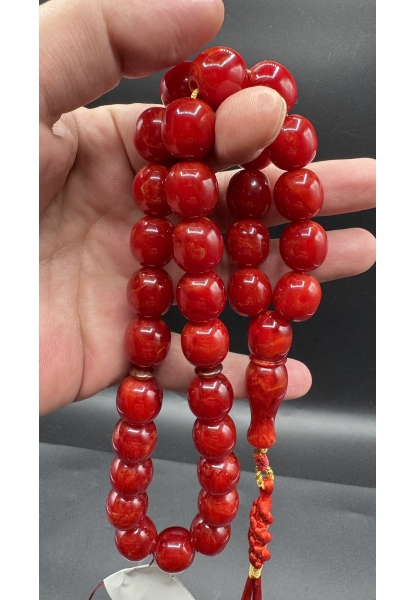 Tugerdi Kıvırcık Hareli Koleksiyon Kırmızı 90 Gr Faturan Sıkma Kehribar Tespih AHTES2524