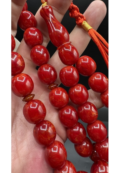 Tugerdi Kıvırcık Hareli Koleksiyon Kırmızı 90 Gr Faturan Sıkma Kehribar Tespih AHTES2524