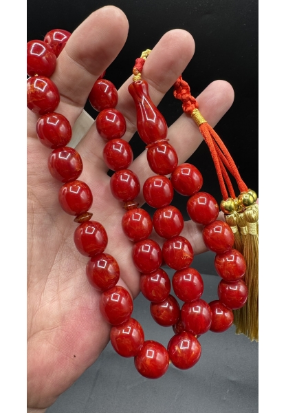 Tugerdi Kıvırcık Hareli Koleksiyon Kırmızı 90 Gr Faturan Sıkma Kehribar Tespih AHTES2524