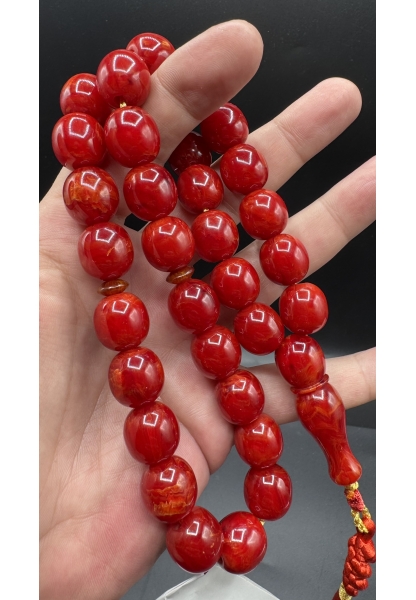 Tugerdi Kıvırcık Hareli Koleksiyon Kırmızı 90 Gr Faturan Sıkma Kehribar Tespih AHTES2524