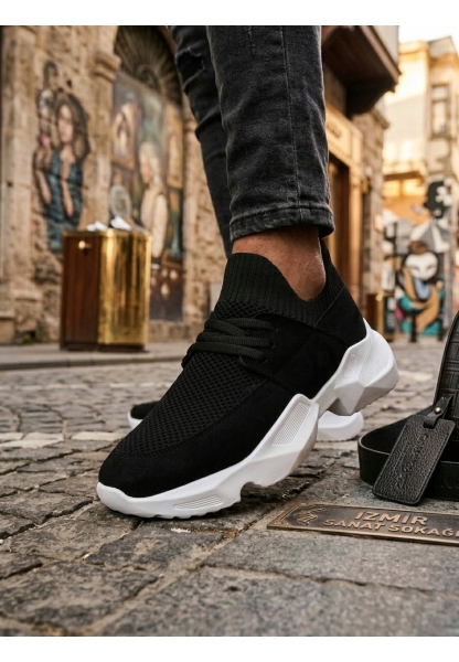 Tugerdi Siyah Yumuşak Triko Dokulu Hafif Yüksek Beyaz Taban Erkek Spor Ayakkabı TGE230553  