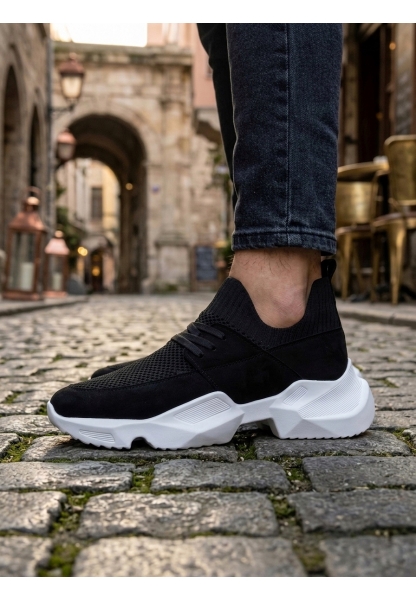 Tugerdi Siyah Yumuşak Triko Dokulu Hafif Yüksek Beyaz Taban Erkek Spor Ayakkabı TGE230553  