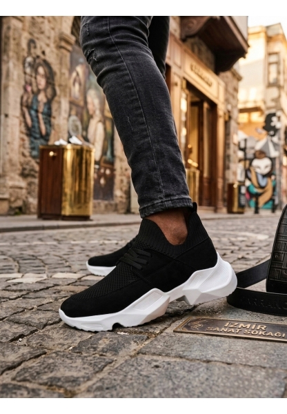 Tugerdi Siyah Yumuşak Triko Dokulu Hafif Yüksek Beyaz Taban Erkek Spor Ayakkabı TGE230553  