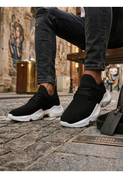 Tugerdi Siyah Yumuşak Triko Dokulu Hafif Yüksek Beyaz Taban Erkek Spor Ayakkabı TGE230553  