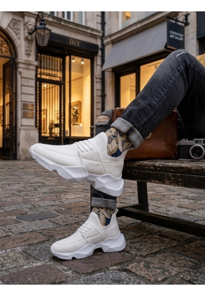 Tugerdi Beyaz Yumuşak Triko Dokulu Hafif Yüksek Taban Tarz Erkek Spor Ayakkabı TGE230553 