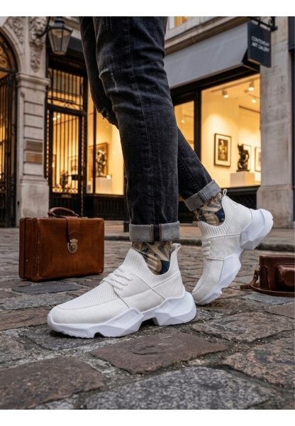 Tugerdi Beyaz Yumuşak Triko Dokulu Hafif Yüksek Taban Tarz Erkek Spor Ayakkabı TGE230553 