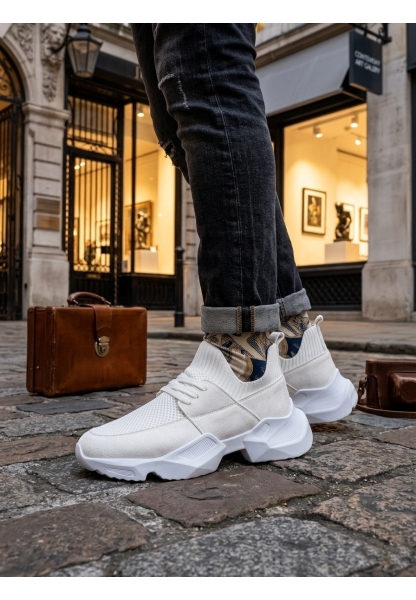 Tugerdi Beyaz Yumuşak Triko Dokulu Hafif Yüksek Taban Tarz Erkek Spor Ayakkabı TGE230553 