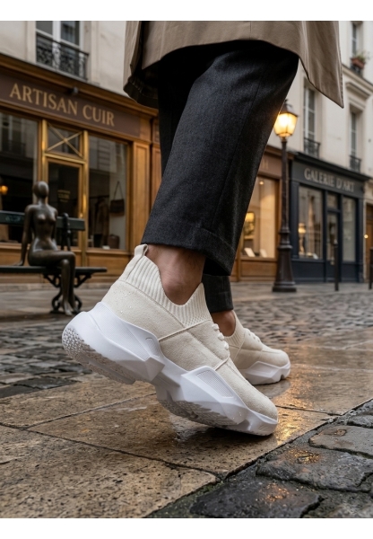 Tugerdi Beyaz Yumuşak Triko Dokulu Hafif Yüksek Taban Tarz Erkek Spor Ayakkabı TGE230553 