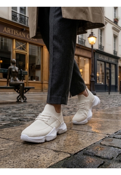 Tugerdi Beyaz Yumuşak Triko Dokulu Hafif Yüksek Taban Tarz Erkek Spor Ayakkabı TGE230553 