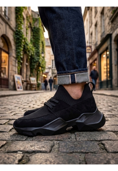 Tugerdi Siyah Yumuşak Triko Dokulu Hafif Yüksek Siyah Taban Kaliteli Erkek Spor Ayakkabı TGE230553 