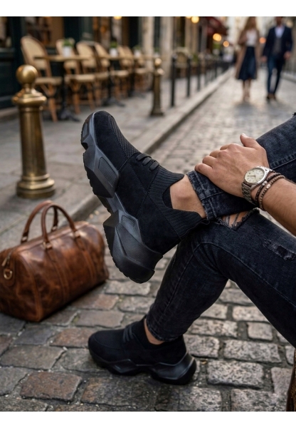 Tugerdi Siyah Yumuşak Triko Dokulu Hafif Yüksek Siyah Taban Kaliteli Erkek Spor Ayakkabı TGE230553 