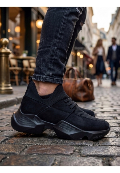 Tugerdi Siyah Yumuşak Triko Dokulu Hafif Yüksek Siyah Taban Kaliteli Erkek Spor Ayakkabı TGE230553 