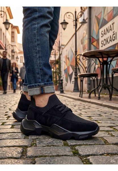 Tugerdi Siyah Yumuşak Triko Dokulu Hafif Yüksek Siyah Taban Kaliteli Erkek Spor Ayakkabı TGE230553 