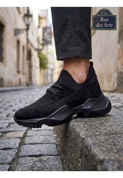 Tugerdi Siyah Yumuşak Triko Dokulu Hafif Yüksek Siyah Taban Kaliteli Erkek Spor Ayakkabı TGE230553 