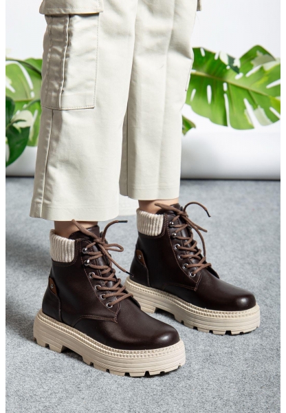 Cilt Kahve Bağcıklı Yüksek Taban Kadın Bot