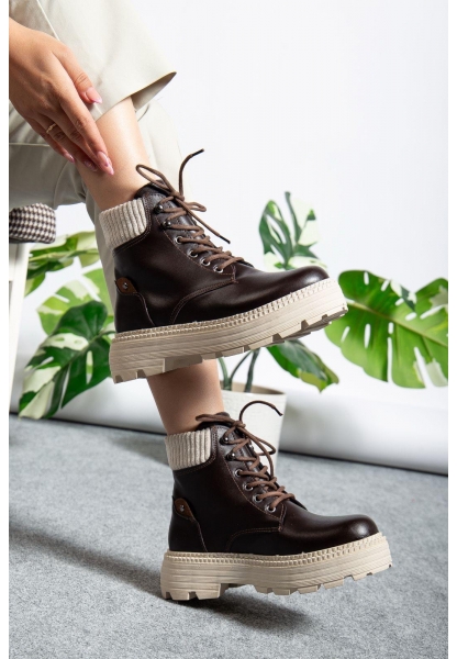 Cilt Kahve Bağcıklı Yüksek Taban Kadın Bot