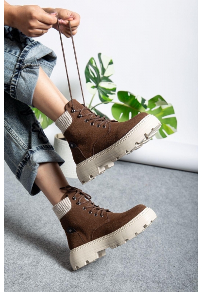 Kahve Süet Bağcıklı Yüksek Taban Kadın Bot