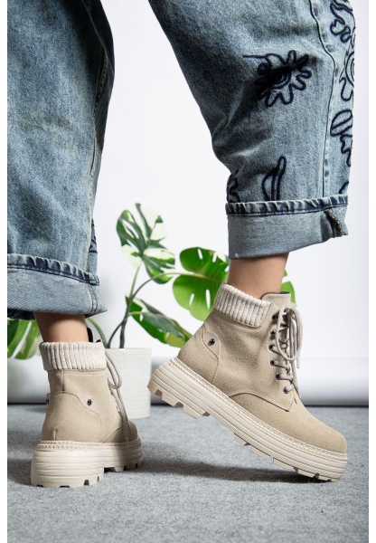 Krem Süet Bağcıklı Yüksek Taban Kadın Bot
