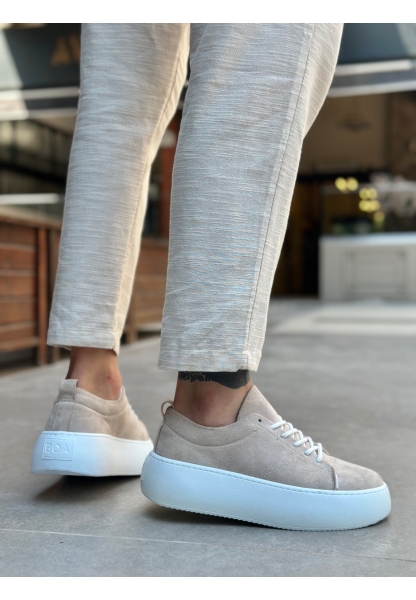 Tugerdi Krem İthal Süet Bağcıklı Hafif Yüksek Taban Tarz Erkek Spor Ayakkabı TGD230161