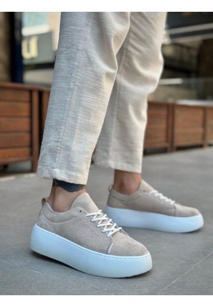 Tugerdi Krem İthal Süet Bağcıklı Hafif Yüksek Taban Tarz Erkek Spor Ayakkabı TGD230161