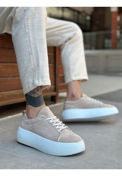 Tugerdi Krem İthal Süet Bağcıklı Hafif Yüksek Taban Tarz Erkek Spor Ayakkabı TGD230161