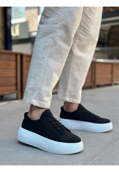 Tugerdi Siyah Süet Bağcıklı Hafiif Yüksek Beyaz Taban Tarz Erkek Spor Ayakkabı TGD230161