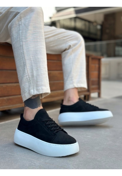 Tugerdi Siyah Süet Bağcıklı Hafiif Yüksek Beyaz Taban Tarz Erkek Spor Ayakkabı TGD230161