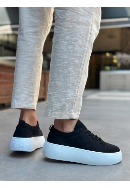 Tugerdi Siyah Süet Bağcıklı Hafiif Yüksek Beyaz Taban Tarz Erkek Spor Ayakkabı TGD230161