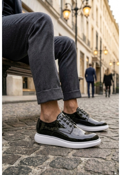 Tugerdi Siyah Bağcıklı Rugan Beyaz Hafif Taban Tarz Klasik Erkek Ayakkabı TGE230153