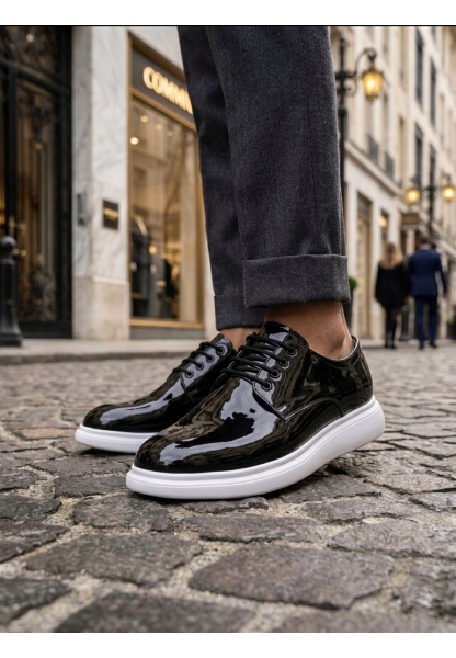 Tugerdi Siyah Bağcıklı Rugan Beyaz Hafif Taban Tarz Klasik Erkek Ayakkabı TGE230153