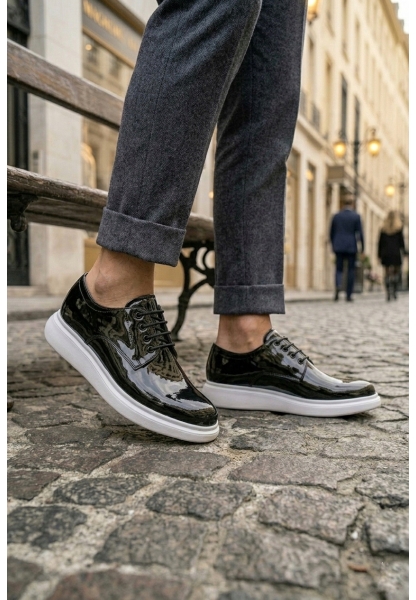 Tugerdi Siyah Bağcıklı Rugan Beyaz Hafif Taban Tarz Klasik Erkek Ayakkabı TGE230153