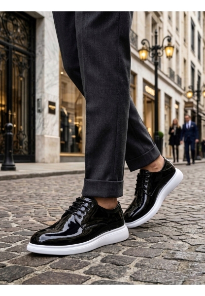 Tugerdi Siyah Bağcıklı Rugan Beyaz Hafif Taban Tarz Klasik Erkek Ayakkabı TGE230153