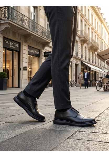 Tugerdi Siyah Kapaklı Burun Bağcıklı Hafif Siyah Taban Erkek Oxford Ayakkabı TGE230153