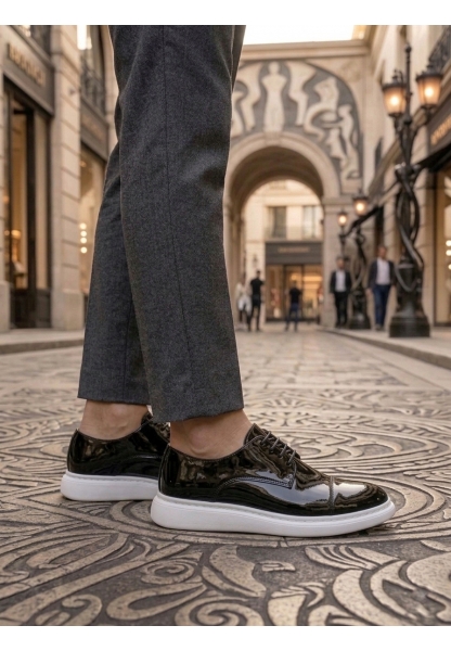 Tugerdi Siyah Rugan Kapaklı Burun Bağcıklı Hafif Taban Oxford Erkek Ayakkabı TGE230153