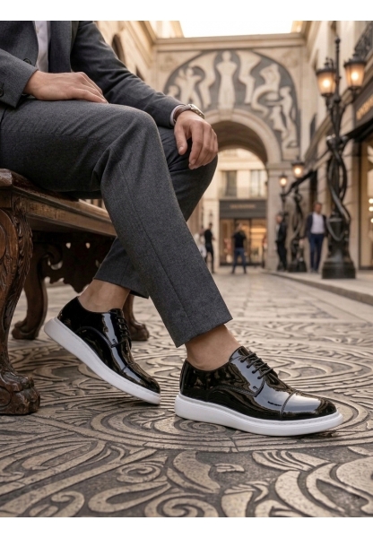 Tugerdi Siyah Rugan Kapaklı Burun Bağcıklı Hafif Taban Oxford Erkek Ayakkabı TGE230153