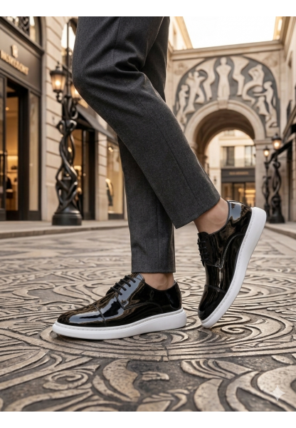 Tugerdi Siyah Rugan Kapaklı Burun Bağcıklı Hafif Taban Oxford Erkek Ayakkabı TGE230153