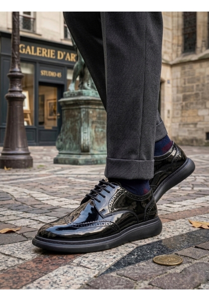 Tugerdi Siyah Rugan Lüks Brouge Siyah Taban Yeni Sezon Bağcıklı Klasik Erkek Ayakkabı TGE230153