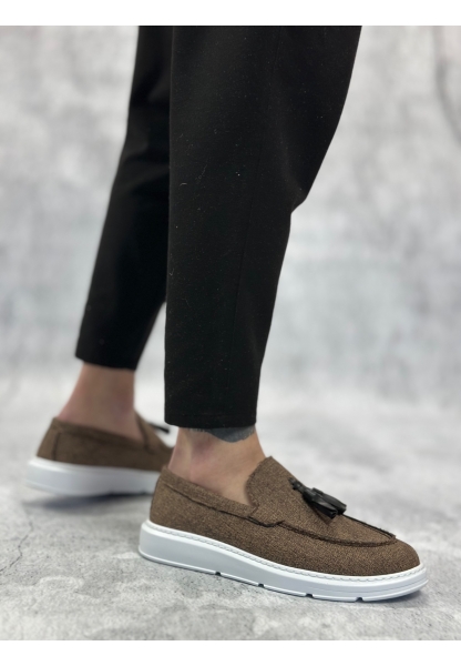 Tugerdi Kahverengi Keten Bağcıksız Hafif Yüksek Taban Klasik Püsküllü Erkek Ayakkabı  TGE230155