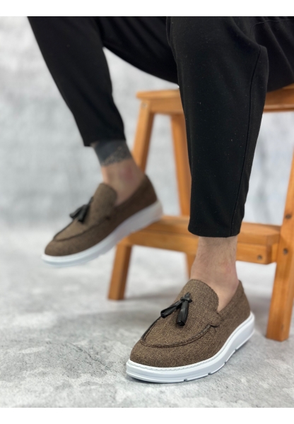 Tugerdi Kahverengi Keten Bağcıksız Hafif Yüksek Taban Klasik Püsküllü Erkek Ayakkabı  TGE230155