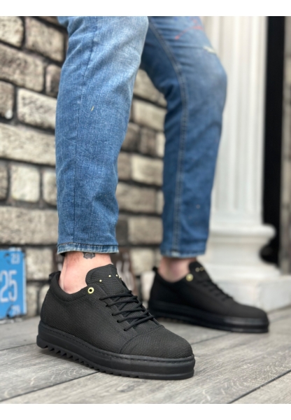 Tugerdi Siyah Keten Bağcıklı Hafif Yüksek Siyah Taban Tarz Erkek Ayakkabı TGE23015433