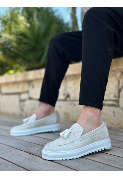 Tugerdi Keten Beyaz Bağcıksız Püsküllü Hafif Yüksek Taban Tarz Günlük Erkek Ayakkabı TGE2302975852