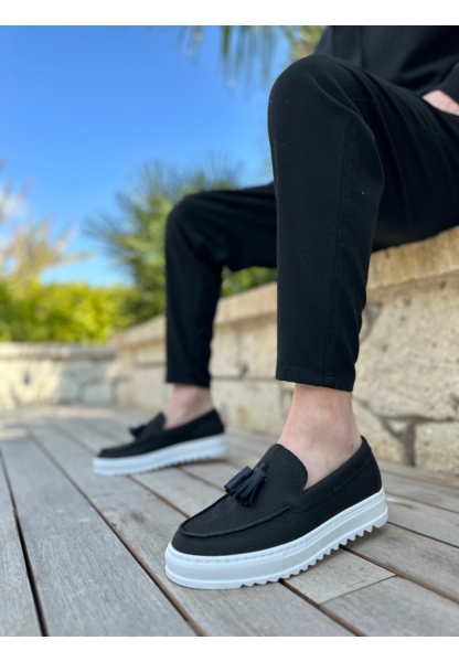 Tugerdi Keten Siyah Püsküllü Bağcıksız Hafif Yüksek Taban Tarz Günlük Erkek Ayakkabı TGE2302975852