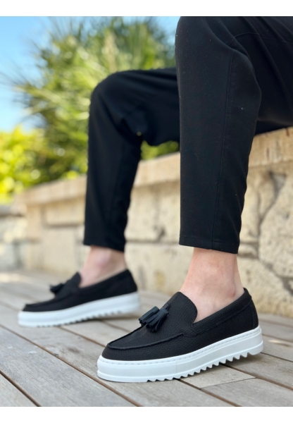 Tugerdi Keten Siyah Püsküllü Bağcıksız Hafif Yüksek Taban Tarz Günlük Erkek Ayakkabı TGE2302975852