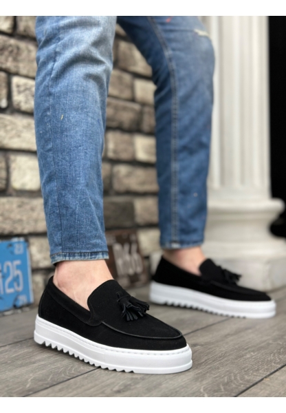 Tugerdi Siyah Süet Beyaz Taban Püsküllü Hafif Yüksek Taban Tarz Erkek Ayakkabı TGE2302975852