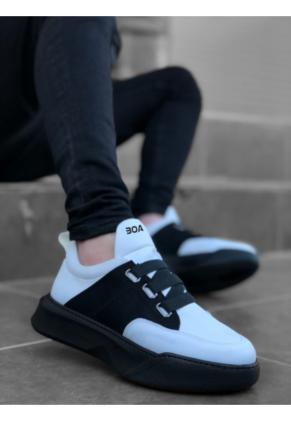 Tugerdi Bantlı Erkek Yüksek Poly Taban Beyaz Siyah Tarz Casual Spor Ayakkabı TGE230310