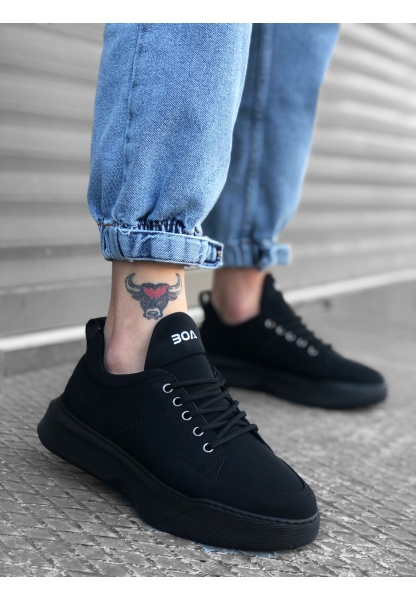 Tugerdi Bağcıklı Yüksek Taban Siyah Suni Deri Günlük Tarz Erkek Spor Ayakkabı TGE230313