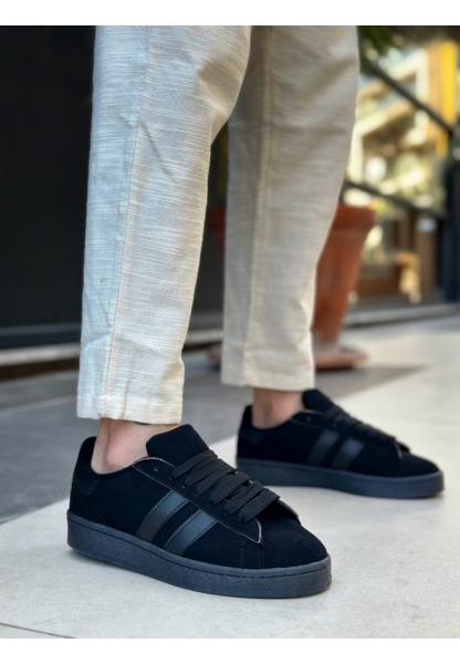 Tugerdi Siyah İki Çizgili Bağcıklı Kauçuk Taban Tarz Günlük Erkek Ayakkabı TGE230385