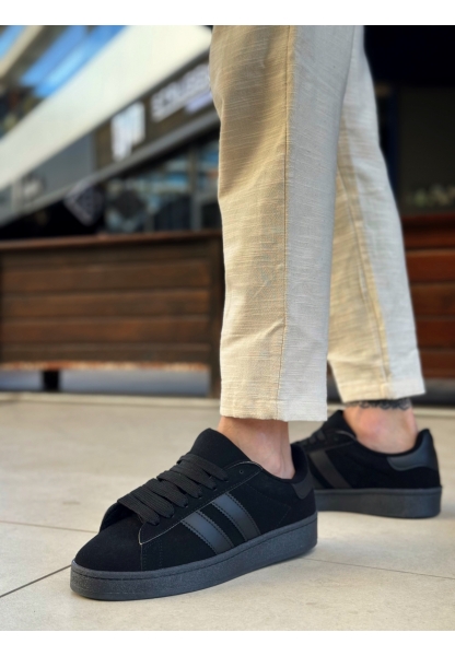 Tugerdi Siyah İki Çizgili Bağcıklı Kauçuk Taban Tarz Günlük Erkek Ayakkabı TGE230385