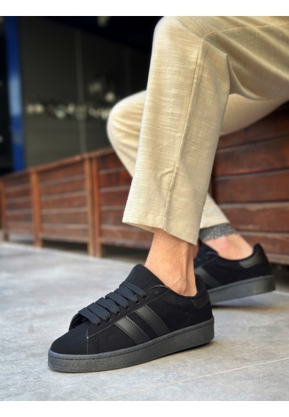 Tugerdi Siyah İki Çizgili Bağcıklı Kauçuk Taban Tarz Günlük Erkek Ayakkabı TGE230385