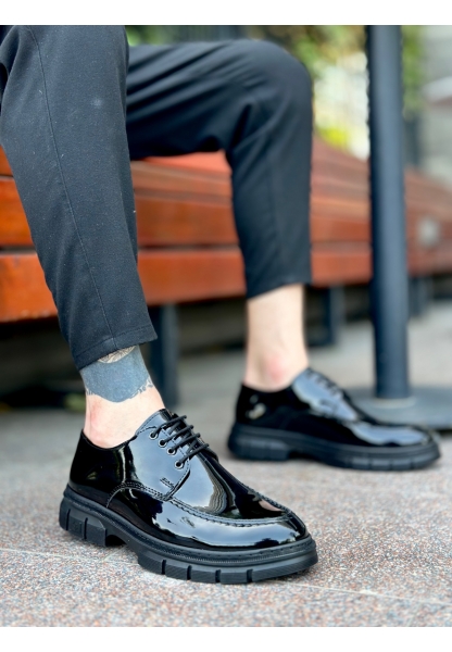 Tugerdi Siyah Rugan Bağcıklı Hafif Yüksek Taban Tarz Casual Erkek Ayakkabı TGE230387